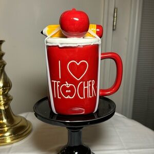 Rae Dunn I ❤️ Teacher Coffee Tea Mug Cup with pencil/apple Topper